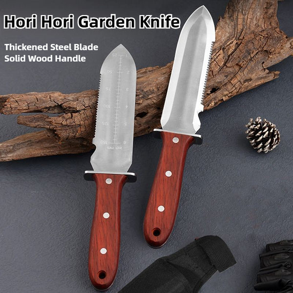 Hori Hori Garden Knife with 12" Stainless Steel Blade and Wooden Handle – Includes Sheath