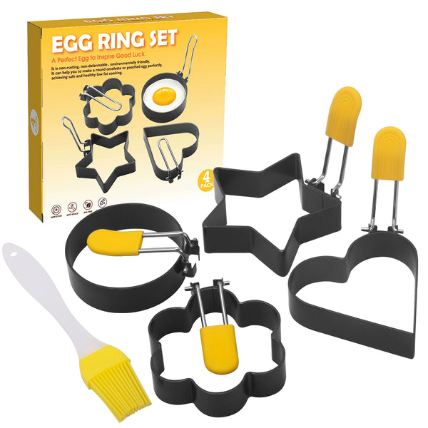 4pcs Non-Stick Egg Ring Mold Set – Star, Heart, Round, Flower Shapes for Breakfast Eggs or Pancakes